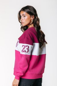 Mikina s farebnými blokmi v odtieňoch ružovej a šedej. Obsahuje vyšitú číslicu "23" a text. Mäkký, textúrovaný materiál, uvoľnený strih.