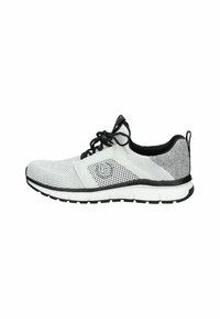 Scarpa da atletica leggera in bianco e grigio, con una tomaia in mesh traspirante, lacci neri e una suola imbottita bianca e nera.