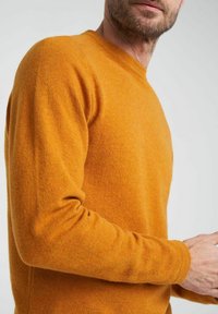 Sinise kollane villane sviiter pikkae varrukatega, ribatud mansettide, ümmarguse kaelusega ning pehme, tekstureeritud viimistlusega.