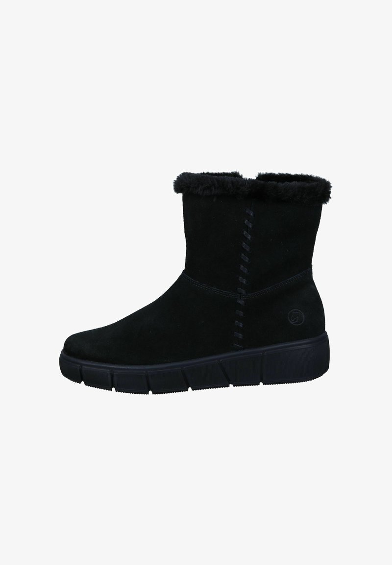 Bottes cheville en daim noir avec un col en fourrure douce, présentant des détails de couture latérale et une semelle épaisse texturée. Design durable et chaud.