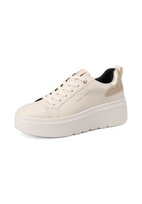 Scarpa da ginnastica color crema con suola piattaforma, materiale sintetico liscio, chiusura con lacci e dettagli in oro metallizzato sul tallone e sulla linguetta.