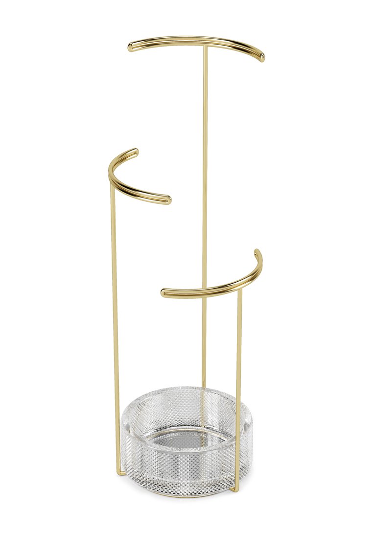 Gold metal two-tier stand with curved accents and a circular clear textured base, designed for holding items.