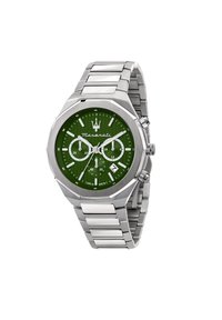 Zilveren roestvrijstalen horloge met een octagonale kast, een gestructureerde groene wijzerplaat, zilveren uurmarkeringen en chronograaf functies.