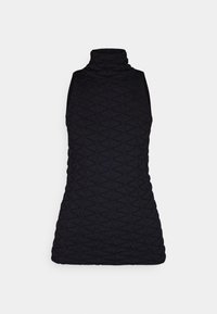 Czarny, bezrękawnik z wysokim kołnierzem, ozdobiony teksturowanym wzorem z trójkątnymi motywami, wykonany z miękkiej tkaniny o dopasowanym kroju.