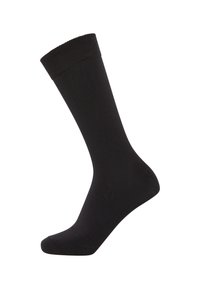 Black knee-high sock with a textured cuff, made of smooth fabric, featuring a reinforced heel and toe for durability.