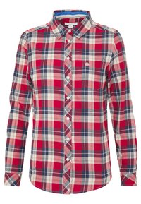 Rød, marineblå og hvid plaid langærmet skjorte med knapper, krave og brystlomme med broderet lille trælogo.