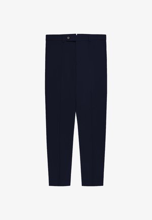 Pantalones entallados azul marino oscuro con pliegue delantero, cierre con botón y trabillas en la cintura, mostrados sobre un fondo blanco.