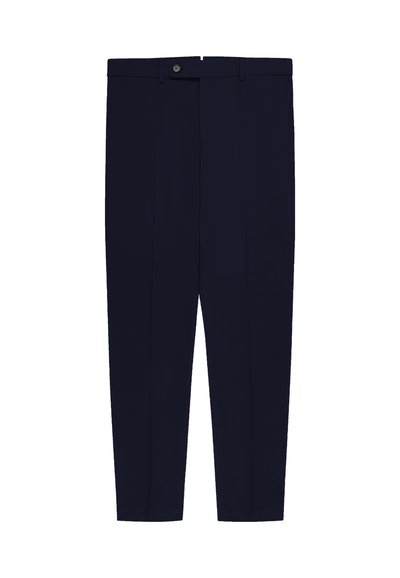 Pantaloni sartoriali blu scuro con piega frontale, chiusura con bottoni e passanti per cintura, mostrati su sfondo bianco.