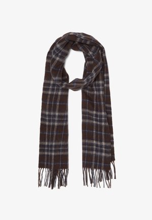 Écharpe à carreaux marron en tissu doux, présentant des lignes bleues et beiges. Les bords sont à franges, ajoutant de la texture au design.