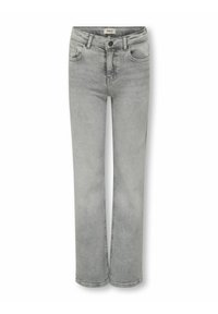 Lys grå rettstkledde jeans med en falmet finish, fem lommer og knepp. Laget av denim med en glatt tekstur.