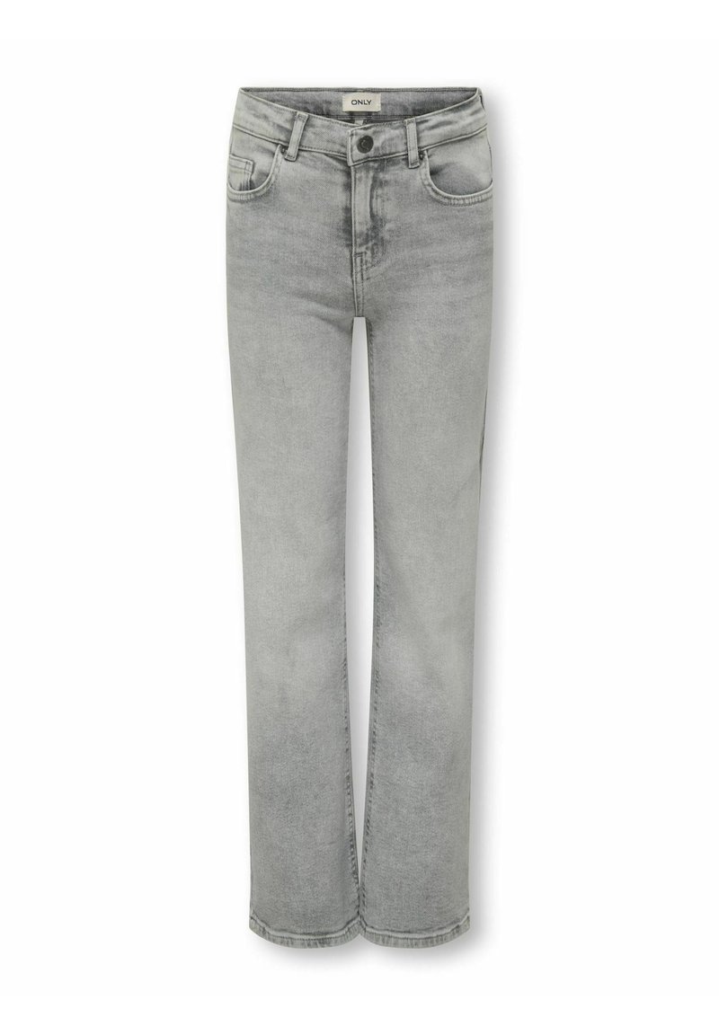 Lys grå rettstkledde jeans med en falmet finish, fem lommer og knepp. Laget av denim med en glatt tekstur.