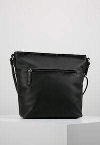 Bolso de hombro negro de cuero con textura suave, forma rectangular, correa ajustable y un bolsillo frontal con cremallera para almacenamiento.