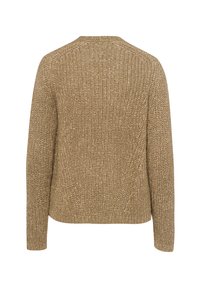 Pull beige en tricot avec une coupe ample, présentant un motif texturé et des manches longues. Le dos montre un design simple et sans coutures.