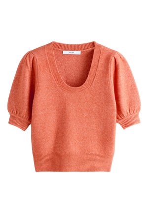 Miękki pomarańczowy krótki sweter dzianinowy z bufkowymi rękawami, ściągaczami przy mankietach i dolnym brzegu, dekoltem w łódkę oraz metką "NEXT" wewnątrz kołnierza.