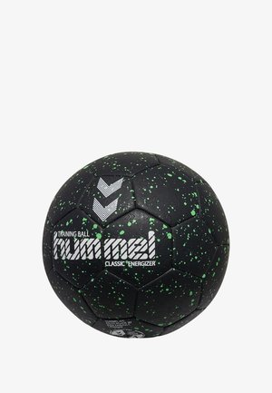 Zwarte handbal voor training met een groen gespikkeld patroon, voorzien van een textuur. Uitgesproken logo en chevrondesign in het wit.