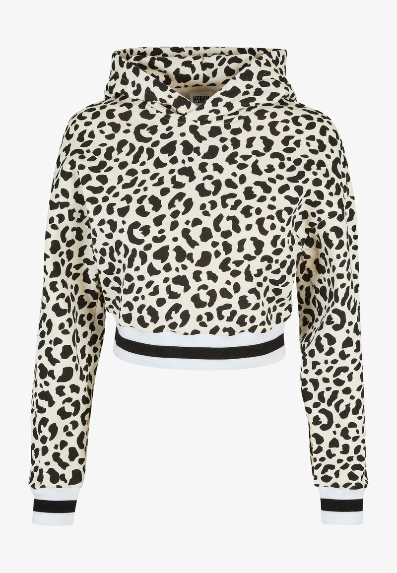 Sweat à capuche court avec imprimé léopard noir et blanc, manches longues, poignets et ourlet côtelés avec des rayures noires et blanches.