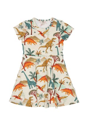 Kinderkleid in Cremefarbe mit bunten Dinosaurier- und Palmenillustrationen, darunter T-Rex, Stegosaurus, Brachiosaurus und Pterodaktylus.