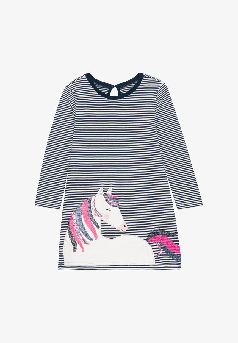 Gestreiftes langärmeliges Kleid in Marineblau und Weiß mit einem Einhorn-Motiv. Das Einhorn hat eine bunte, glänzende Mähne in Pink, Lila und Silber.