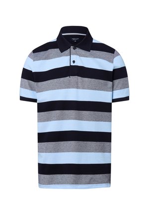 Gestreiftes Poloshirt mit horizontalen Streifen in Marineblau, Hellblau, Grau und Dunkelgrau. Weicher Stoff, kurze Ärmel und ein Kragen mit zwei Knöpfen.