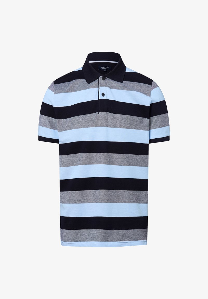 Gestreept poloshirt met navy, lichtblauw, grijs en donkergrijs horizontale strepen. Zachte stof, korte mouwen en een kraag met twee knopen.