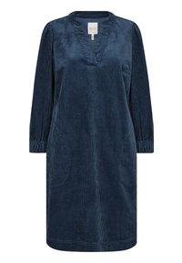 Navyblaues Cordkleid mit V-Ausschnitt, langen Ärmeln, elastischen Bündchen und seitlichen Taschen. Verfügt über eine vertikale Rippstruktur im gesamten Kleid.