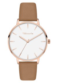 Roségoldene Uhr mit weißem Ziffernblatt, minimalistischen Markierungen und einem hellbraunen Lederarmband. Einfaches Design, glatte Oberfläche, runde Form.