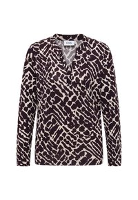 Langarmshirt in donkerpaars en beige met een abstract dierenprintpatroon, voorzien van een V-halslijn en een zachte stofstructuur.