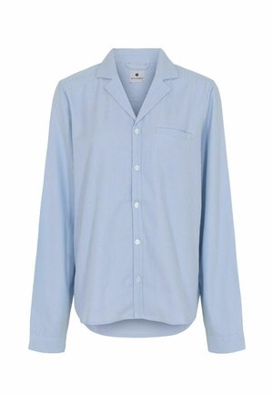 Blauw-wit gestreepte langemouwen shirt met een opstaande kraag, een eenvoudig sluiting met knopen aan de voorkant en een enkele borstzak. Gemaakt van lichte stof.