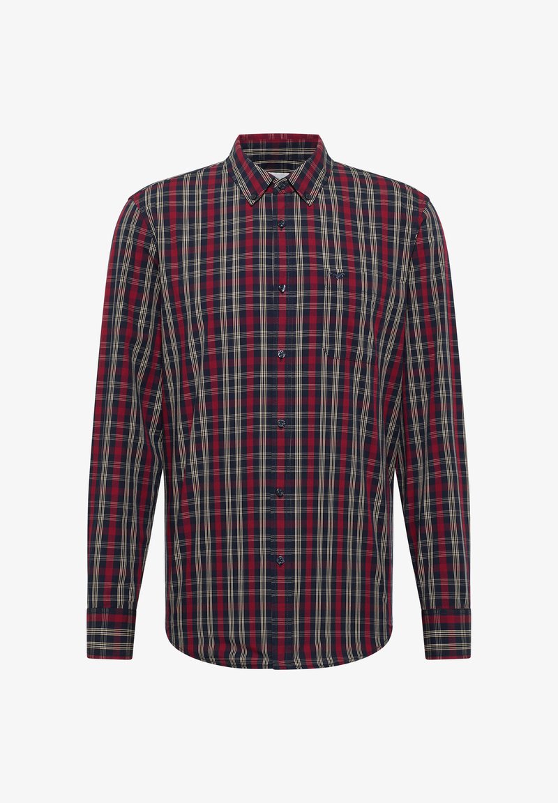 Hemd mit Knopfverschluss, das ein rot-blau-cremefarbenes Karomuster zeigt. Lange Ärmel, klassischer Kragen und eine Brusttasche. Aus Baumwollmaterial.