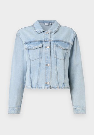 Lichtblauwe spijkerjasje met lange mouwen, knoopsluiting aan de voorkant, borstflappzakken en een klassieke kraag.