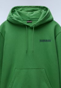 Sudadera verde de tela suave, con un bolsillo tipo canguro, capucha con cordón y un logo azul marino en el pecho. Textura suave, diseño informal.
