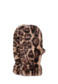 Muffole in pelliccia sintetica con stampa leopardata, dalla texture morbida, forma arrotondata e polsini elasticizzati per il calore. Presenta un piccolo logo sul bordo.