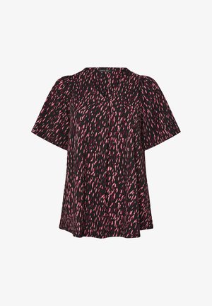 Sort top med korte flæseærmer, prydet med et pink abstrakt mønster og en V-udskæring, lavet af letvægtsstof.