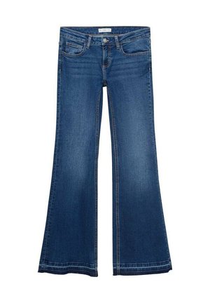 Jeans evazati din denim albastru închis, cu talie medie, închidere cu nasture argintiu și decolorări subtile pe picioare.