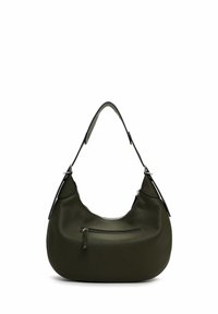 Borsa a tracolla verde in pelle con forma curvata, chiusura con zip superiore e tasca frontale con zip. Presenta una cinghia singola e una superficie testurizzata.