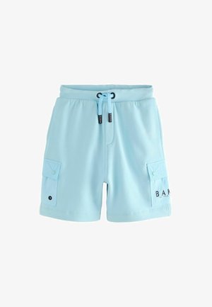 Světle modré sportovní kraťasy se šňůrkou v pase, dvěma postranními kapsami a logem "BAKE" na levé noze. Měkká textilie.