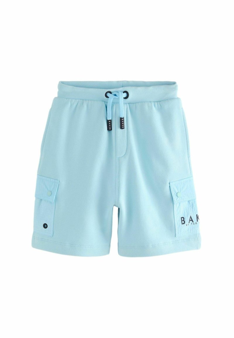 Pantaloni corti in felpa blu chiaro con vita regolabile tramite cordoncino, due tasche cargo laterali e dettaglio con logo "BAKE" sulla gamba sinistra. Tessuto morbido.