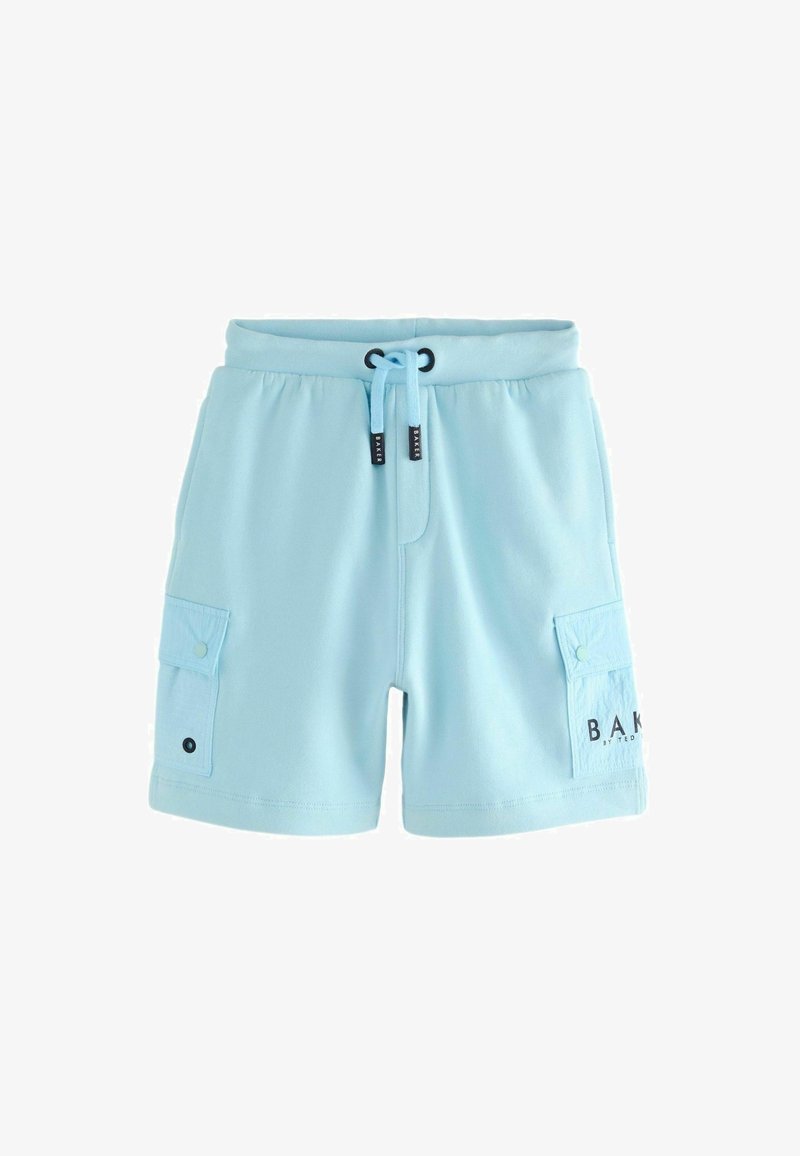 Šviesiai mėlynos sportinės šortai su raišteliu juosmens, dviem šoninėmis kišenėmis ir „BAKE“ logotipu kairiajame šone. Minkštas audinio paviršius.
