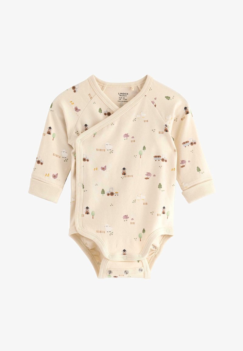 Beige pitkähihaisuus bodysuit, jossa on kietaisusuunnittelu, pastellisävyisiä maatilan eläinkuvioita, vihreitä puita ja nepparit alaosassa.