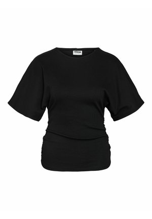 Fekete rövid ujjú felső kerek nyakkivágással, texturált anyagból, derékrésznél gyűrt részletekkel, hogy formásabb legyen.