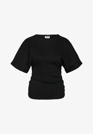 Svart topp med korte ermer og rund hals, teksturert stoff og rynkedetaljer ved midjen for en tettsittende look.