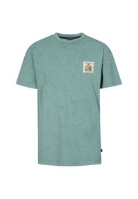 Lyseblågrøn kortærmet t-shirt lavet af blødt stof, med et mærke med blomsterdesign på venstre bryst og rund hals.