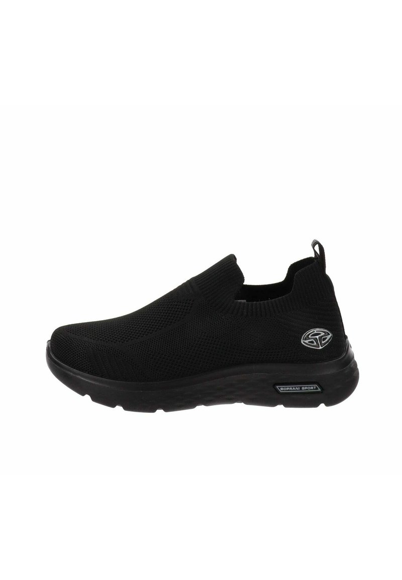 Sneaker nera senza lacci con tomaia in maglia testurizzata, suola in gomma a contrasto e dettaglio del logo sul lato. Design snello per il comfort.