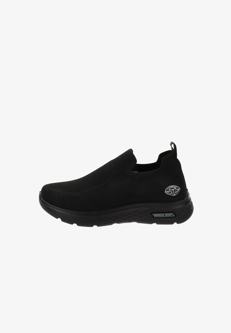 Sneaker nera senza lacci con tomaia in maglia testurizzata, suola in gomma a contrasto e dettaglio del logo sul lato. Design snello per il comfort.