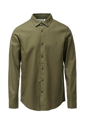 Camicia a maniche lunghe verde oliva in tessuto con colletto, polsini abbottonati e logo ricamato discreto sul lato sinistro del petto.