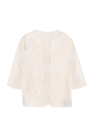 Weiße transparente Bluse mit Blumenstickerei, rundem Ausschnitt, Dreiviertelärmeln und wellenförmigen Abschlüssen an Manschetten und Saum.