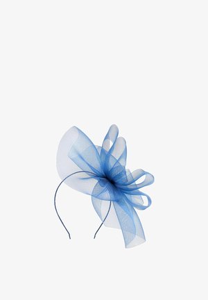 Blue fascinator made of sheer mesh fabric, featuring layered loops and a central bow. Mounted on a thin, matching headband.