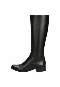 Botas de cuero negras hasta la rodilla con punta redonda, costuras mínimas, tacón bajo y una textura suave. Logo grabado en el lado exterior superior.