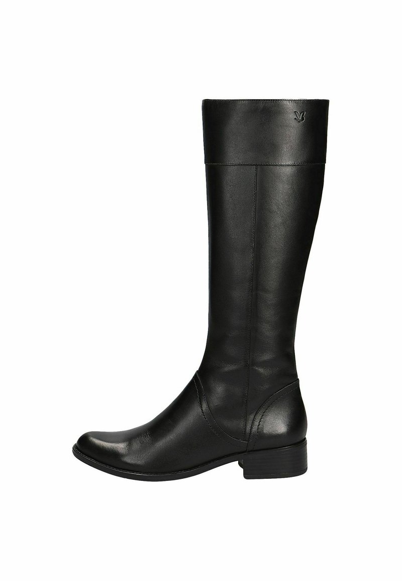Botas de cuero negras hasta la rodilla con punta redonda, costuras mínimas, tacón bajo y una textura suave. Logo grabado en el lado exterior superior.