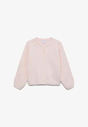 Hele roosa kardigan, mis on valmistatud pehmest kangast, ümmarguse kaeluse, pikkade varrukate ja kuue ees oleva nupuga, millel on ribaga ääris.